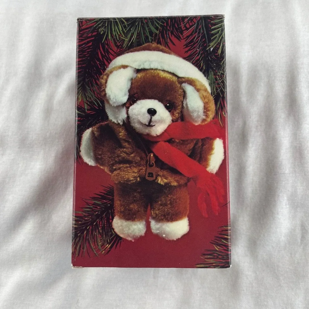 Avon Plush Puppy‎ Tree Ornament Vintage 1984 Brown Bear Red Scarf Hooded Coat